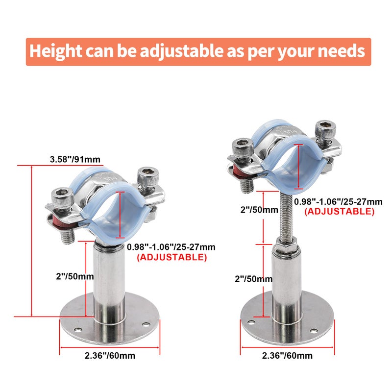 AKIHISA 2 Pcs 304 Stainless Steel Pipe Supports, Wall Mount Ceiling Mount Pipe Hanger, Pipe Holder for OD Pipe 25-27MM Adjustable Height Range 50-100mm - Image 2